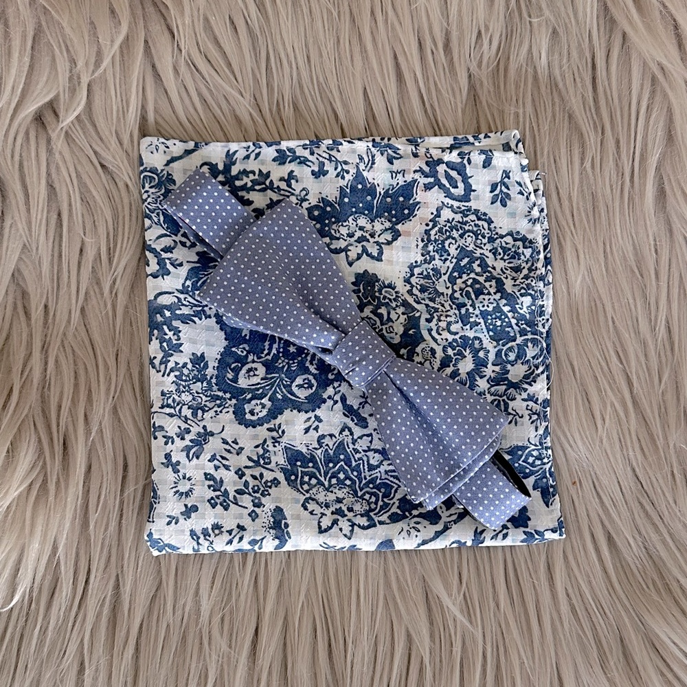 Original Penguin Mens Blue Dot Bow Tie Floral Pocket Square Adjustable Prom
